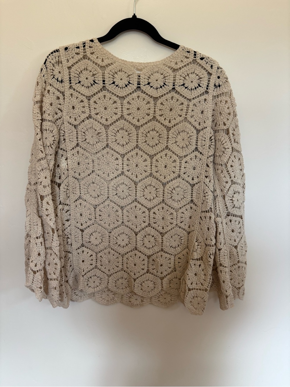 Solitaire Crochet Lace Blouse L Ivory Cream Bell Sleeve Boho Festival Top A17